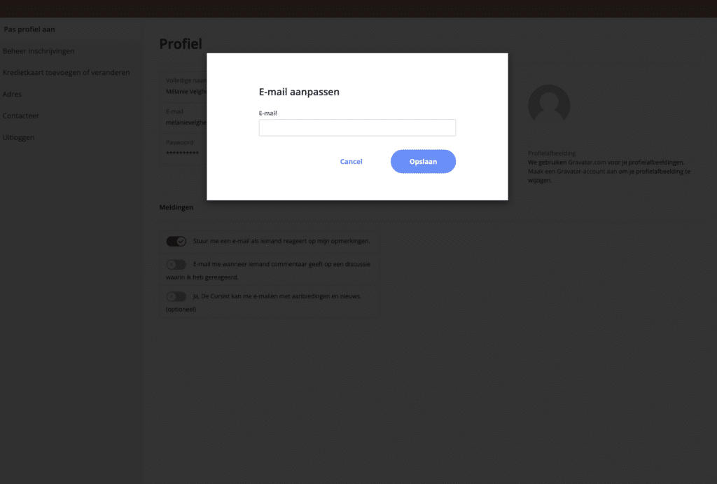 cursist paswoord en email instellingen, email aanpassen